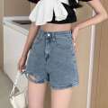 Big size chubby little sister high waisted denim shorts for women's summer new design sense niche slimming A line wide leg hot pants. 
