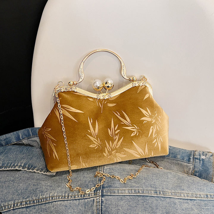Chinese style bamboo leaf retro women's bag velvet fabric new