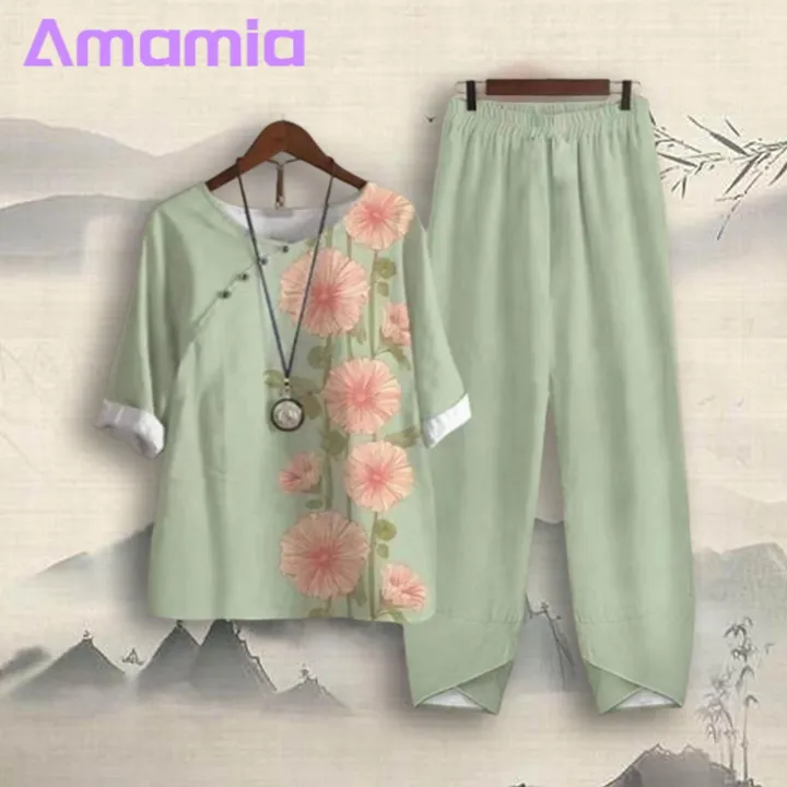 Amamia%20Blouse%20Trousers%20Round%20Neck%20Flower%20Print%20Pullover%20Top%20Pants%20-%20Image%209