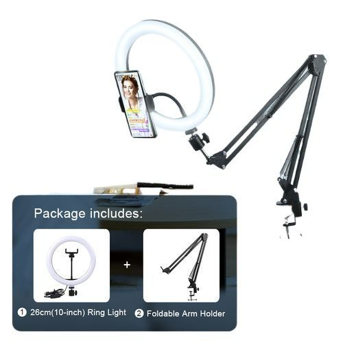 Overhead Video Stand with 10 inch Ring Light with Phone Mount for YouTube Live Streaming LED 10inch Ring Light with Smartphone Holder Tabletop Lighting Kit - 'Inner Artist Plus II