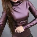 Korean Fashion 2020 Autumn and Winter New Fashion Turtleneck Solid Color PU Leather Long-sleeved Fleece Jacket Slimming Top. 