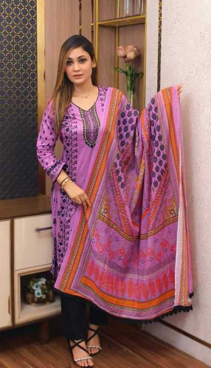 Multicolor Unstitched Cotton Screen Printed Three Pics For Women - 3 Pice Dress - 3 Pice Dress