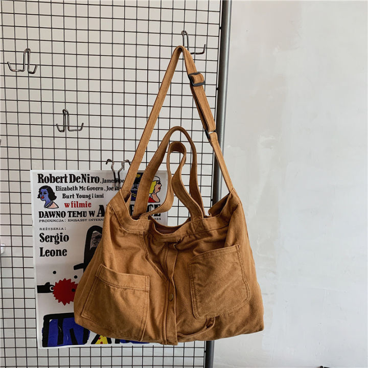 Japanese and Korean large-capacity washed canvas bag women's simple casual literary tote bag shoulder bag student class crossbody bag