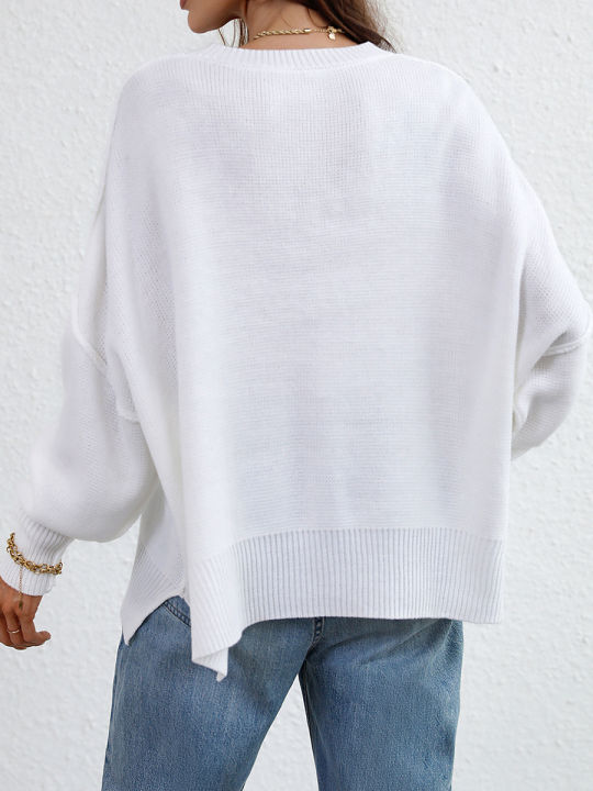 Funne%20eshopWomen%20Autumn%20Loose%20Knitwear,%20Solid%20Color%20Long%20Sleeve%20Round%20Neck%20Slit%20Hem%20Elegant%20Sweater%20-%20Image%203