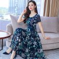 2022 new summer Korean dress women's Casual Short Sleeve temperament large yellow red flower round neck dress.