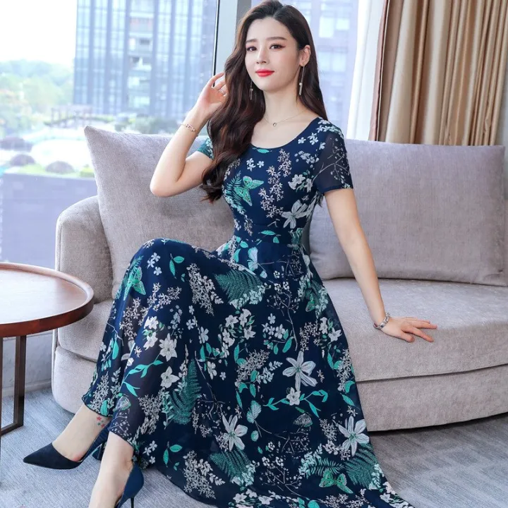 2022%20new%20summer%20Korean%20dress%20women's%20Casual%20Short%20Sleeve%20temperament%20large%20yellow%20red%20flower%20round%20neck%20dress%20-%20Image%205