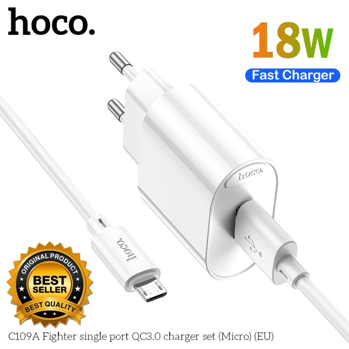 Hoco C109A 18W QC3.0 Charger With Micro Usb Cable Glorious QC3.0 Wall Charger Single USB, 18W Output, EU Plug