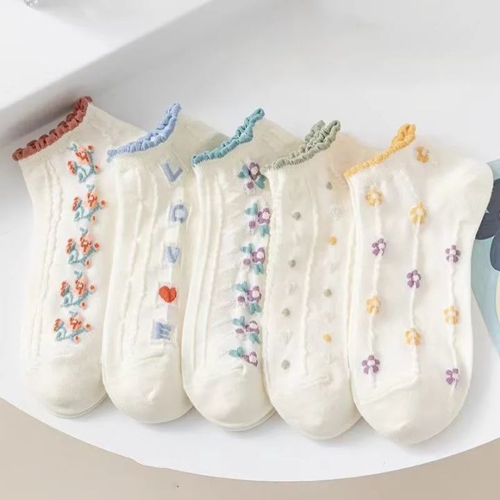 5pair /Lot Ankle Socks for Women Crew Colorful No Show Low Cut Invisible Cotton Thin Non-slip Silicone Breathable Walking White