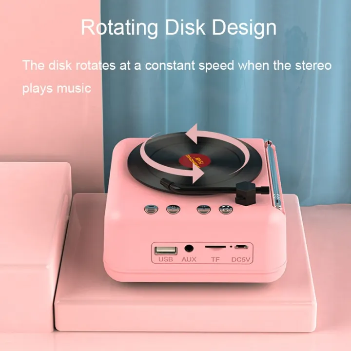 Manovo%20H3%20Macaron%20Vinyl%20Record%20Player%20Bluetooth%20Speaker%20Retro%20Radio%20Stereo%20Pink/Yellow%20-%20Image%203