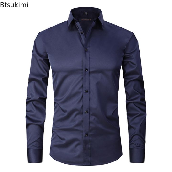 New 2023 Men's Long Sleeve Dress Shirts Anti-Wrinkle No-Ironing Elasticity Slim Fit Men Social Formal Shirts Solid Camisas Male