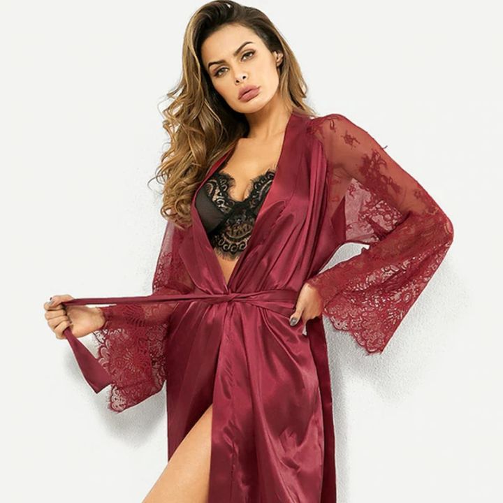 Wedding%20Dressing%20Gown%20Women%20Long%20Satin%20Bride%20Robes%20Lace%20Silk%20Kimono%20Bathrobe%20Bridesmaid%20Nightwear%20See%20Through%20Sleepwear%20-%20Image%204