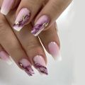 Unique Halo Staining Purple Gold Lines T-shape Nail Tips Square Head French Nails Medium Length Ballerina False Nail. 