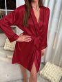 Simple Satin Night Robe Elegant V Neck Long Sleeve House Robe With Belt Women's Sleepwear.