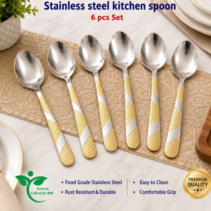 6-Piece Stainless Steel Spoon Set with Multi-Design Print, 8 Inch Elegant Dinnerware for Home and Restaurant