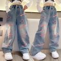 New 2024 Spring Teenagen Girls Jeans Stars Love Towel Embroidered wide Leg Long pants Baggy Denim Trousers for 4-13yrs Kids Girl. 