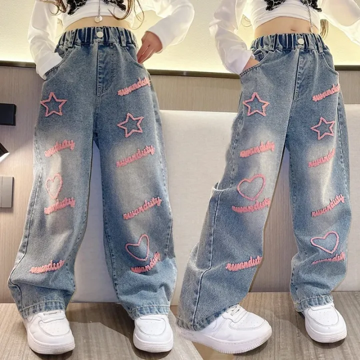 New%202024%20Spring%20Teenagen%20Girls%20Jeans%20Stars%20Love%20Towel%20Embroidered%20wide%20Leg%20Long%20pants%20Baggy%20Denim%20Trousers%20for%204-13yrs%20Kids%20Girl%20-%20Image%202