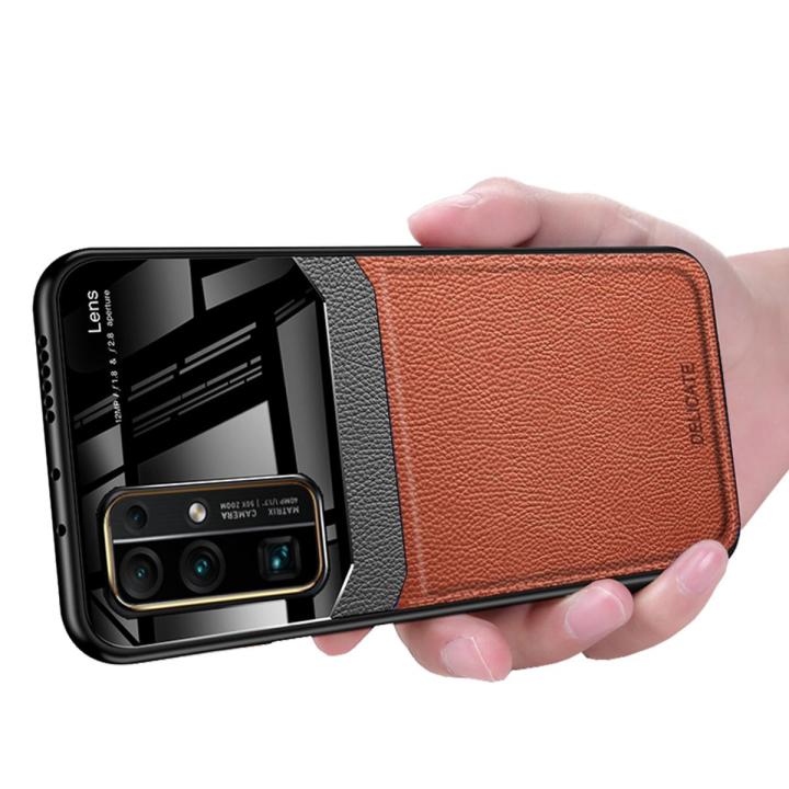 Casing for Huawei Honor 30 Business Slim Litchi Skin Anti-slip TPU Bumper Hybrid Glass Lens Protective Case Cover