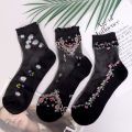 1/5 Pairs Women's Crystal Cotton Ice Socks Summer Short Thin Glass Socks Cool Breathable Comfortable Flower Embroidered Socks. 