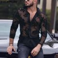 Men Mesh Shirt Lace Lapel Long Sleeve 2023 Transparent Streetwear Camisas Fashion Party Nightclub Shirts Men S-5XL INCERUN. 