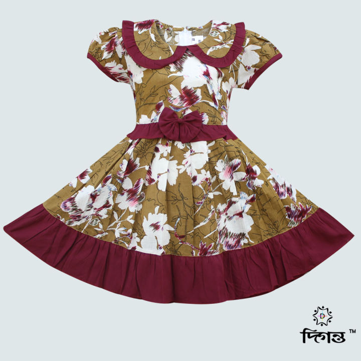 Olive Maroon Multicolor Linen Frock For Girls