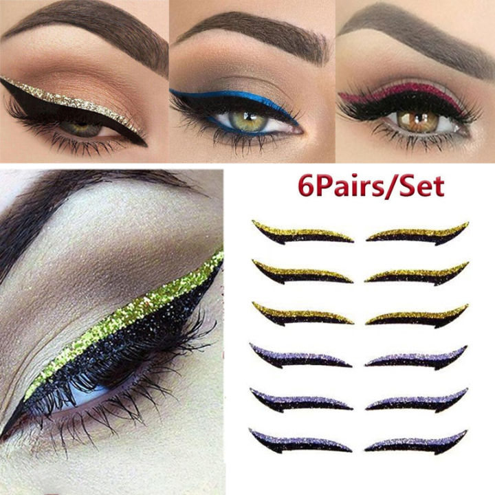 6 Pairs Eyeliner Stickers Lazy Useful Reusable Cat Eye Eyelid Line Stick Double Eyelid Glitter Silver Sticker Eyes Makeup Tools