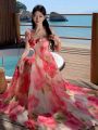 Celebrity Style French Romantic Elegant Rose Printed Beach Dress Elegant Chiffon Seaside Vacation Dress Summer. 
