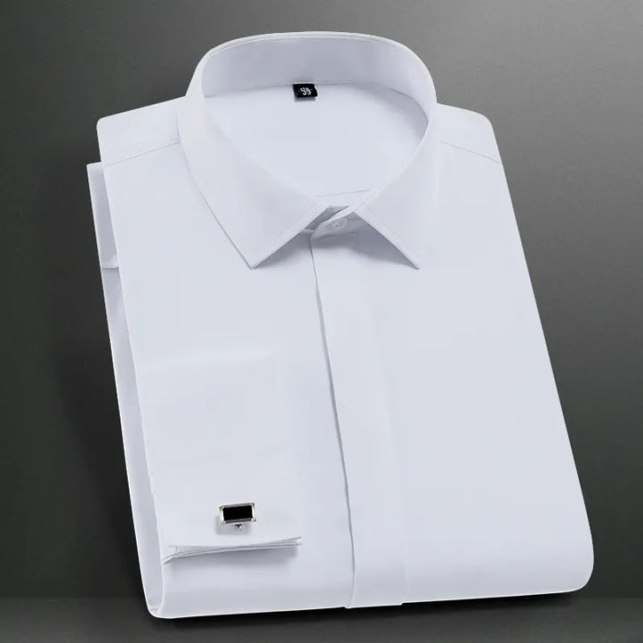 Solid Mens Classic French Cuffs Dress Shirt Long Sleeve Covered Placket Formal Business Standard-fit Design Wedding White Shirts
