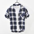 Summer and Spring New Men Retro Plaid Short Sleeve Linen Shirt Youth Thin Breathable Workwear Black Blue Top GD-2011.