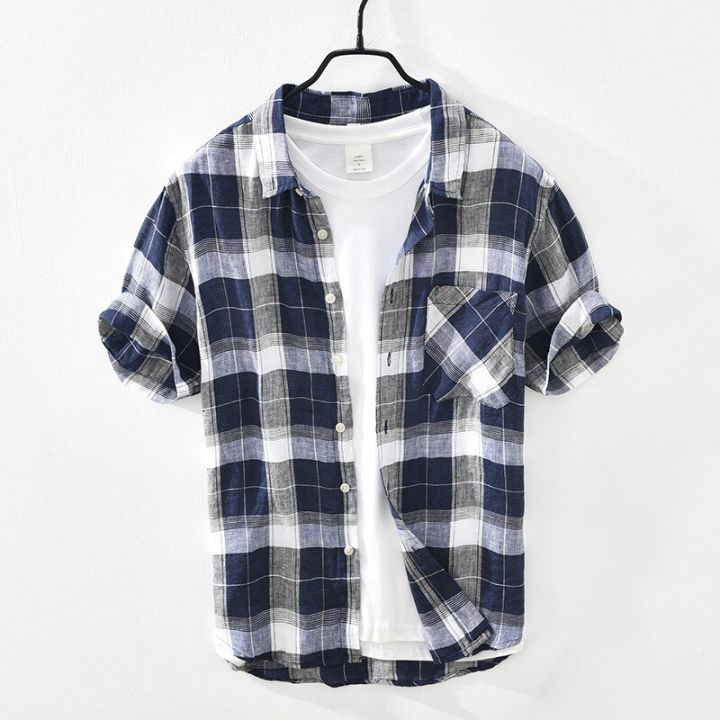 Summer%20and%20Spring%20New%20Men%20Retro%20Plaid%20Short%20Sleeve%20Linen%20Shirt%20Youth%20Thin%20Breathable%20Workwear%20Black%20Blue%20Top%20GD-2011%20-%20Image%205