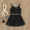 (New) kids girls casual suit solid color sleepveless sling tops button pleated short skirt, black. 