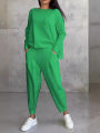 Women Set Long-sleeved Sweatshirt Harem Pants Two-piece Suit Casual Solid Color Pocket Trousers Outfit. 