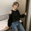 2022Spring and Autumn New Korean Style Loose off-Shoulder Letter Pullover Sweatshirt Women's Sneaky Design White Versatile Student Top.