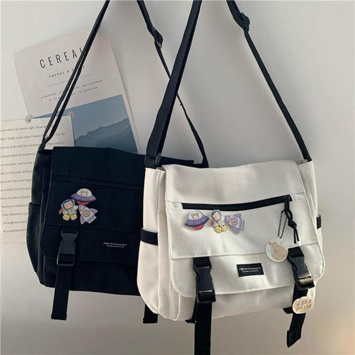 Japanese Harajuku Versatile Canvas Women Messenger Bags Solid Color Flip Casual Handbag Shoulder Bag Teenager Girl Crossbody Bag Daraz .bd