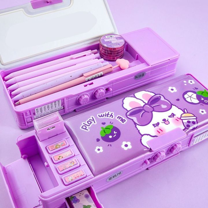 【Bestseller Alert】 New Combination Lock Pencil Box Learning upplie Mechanical Deformation Cartoon Pencil Cae Rabbit Multifunctional Cartoon Pen Cae Girl Gift