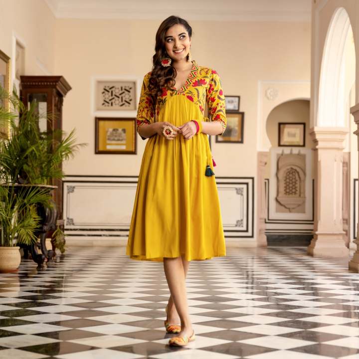 Mustard%20yellow%20V%20Neck%20Gathered%20Dress%20with%20Tassels%20k-186%20-%20Image%202