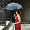 8 bone transparent umbrella long handle large single female white net red umbrella semi-automatic sturdy student advertising umbrella.