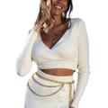 Women's Ribbed Knit Crop Tops, Long Sleeve Solid Color Cross Wrap Slim Fit T-Shirts. 