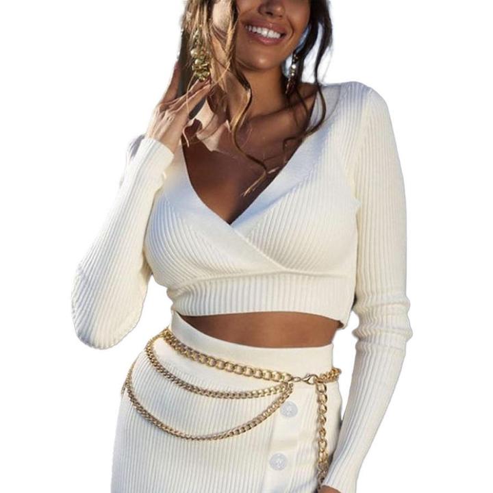 Women's Ribbed Knit Crop Tops, Long Sleeve Solid Color Cross Wrap Slim Fit T-Shirts