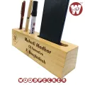 Customizable Pine Wood Table Nameplate with pen, mobile card holder for Office Desk.