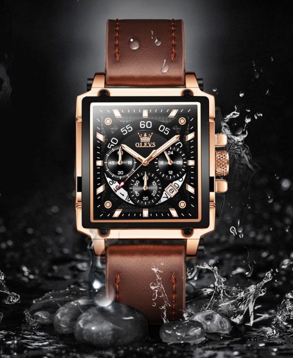 OLEVS 9919 Square Fashion Watches for Men Chronograph Waterproof Leather Wrist Watch - Watch For Men