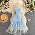 YuooMuoo Korean Fashion Daisy Flower Print Mesh Party Dress Summer Two Layers Spaghetti Strap Vacation Midi Dress Beach Vestidos Shapewear. 