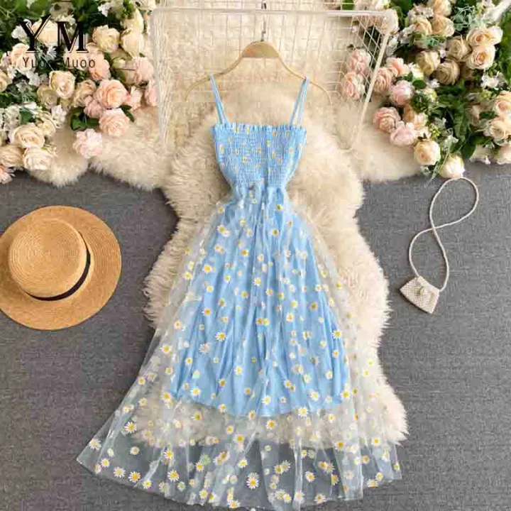 YuooMuoo%20Korean%20Fashion%20Daisy%20Flower%20Print%20Mesh%20Party%20Dress%20Summer%20Two%20Layers%20Spaghetti%20Strap%20Vacation%20Midi%20Dress%20Beach%20Vestidos%20Shapewear%20-%20Image%204