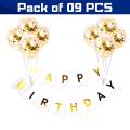 Happy Birthday White Card Banner With Golden Confetti Balloons for Birthday Decoration- (Pack of 9 Pcs).