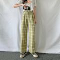 Plaid Wide-leg Pants Women's Korean Casual Trousers New Student Light Loose High-waist Straight-leg Casual Pants Lattice Print.