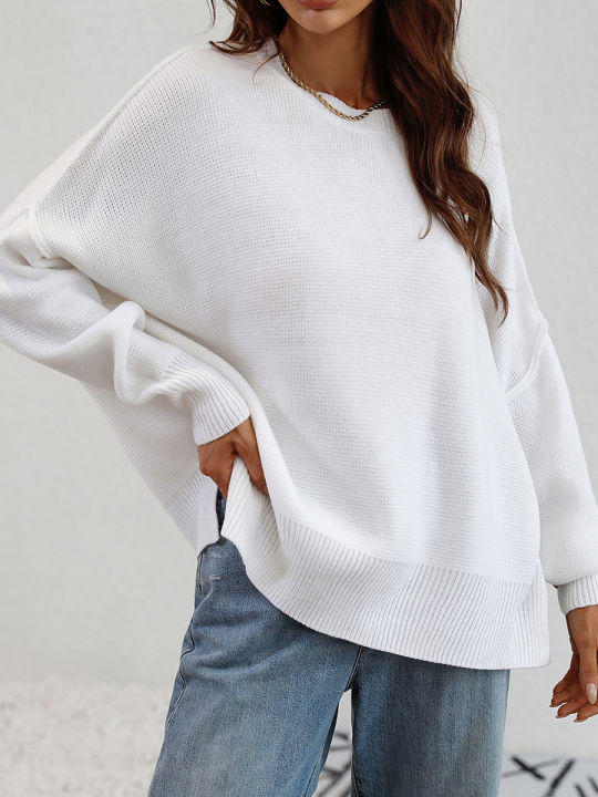 Funne%20eshopWomen%20Autumn%20Loose%20Knitwear,%20Solid%20Color%20Long%20Sleeve%20Round%20Neck%20Slit%20Hem%20Elegant%20Sweater%20-%20Image%204