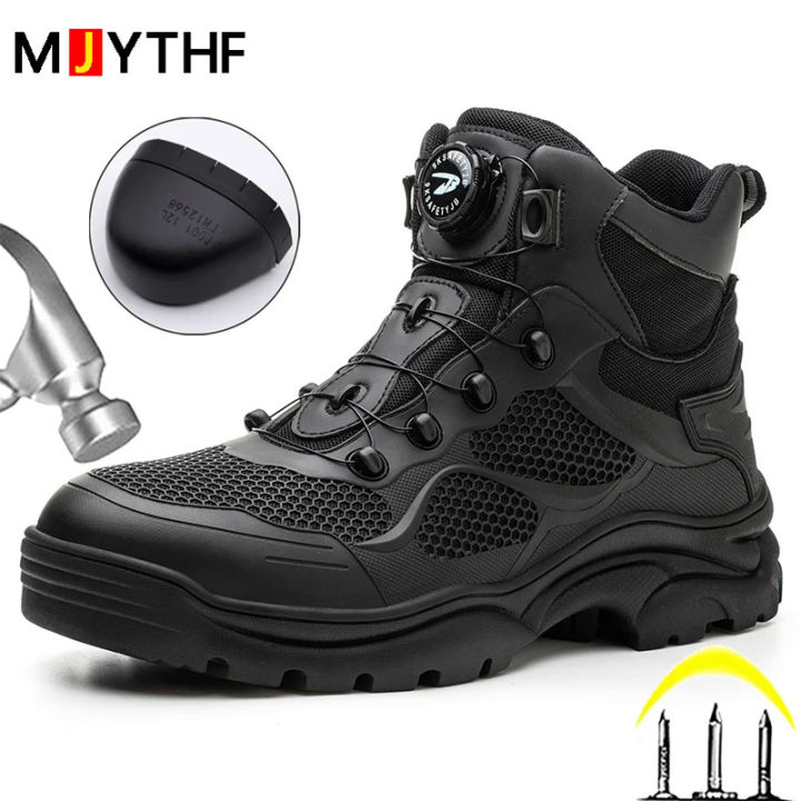 【selevn roind】 Rotary Buckle Work Boots Safety Steel Toe Shoes Men Breathable Safety Shoes Brand Indestructible Shoes Puncture-Proof work Shoes