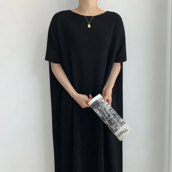 Women%20Summer%20Casual%20Oversized%20Straight%20Long%20Dress%20Batwing%20Sleeve%20Round%20Collar%20Pullover%20Solid%20Color%20Midi%20Dresses%20-%20Image%205