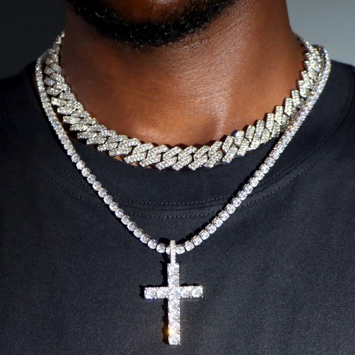 Hip Hop 2pcs Cross Tennis Chain 14MM Prong Cuban Necklace