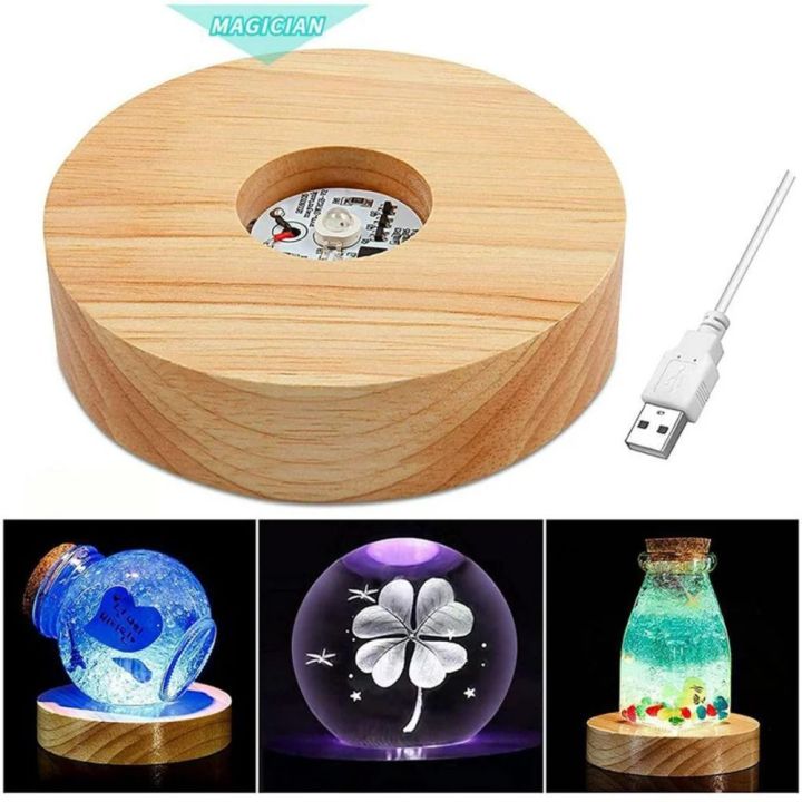 【Thriving】 Light Rotating Display Stand Wood Night Lamp Base Round USB Art Display Holder 10cm LED Light Dispaly Base Bedroom