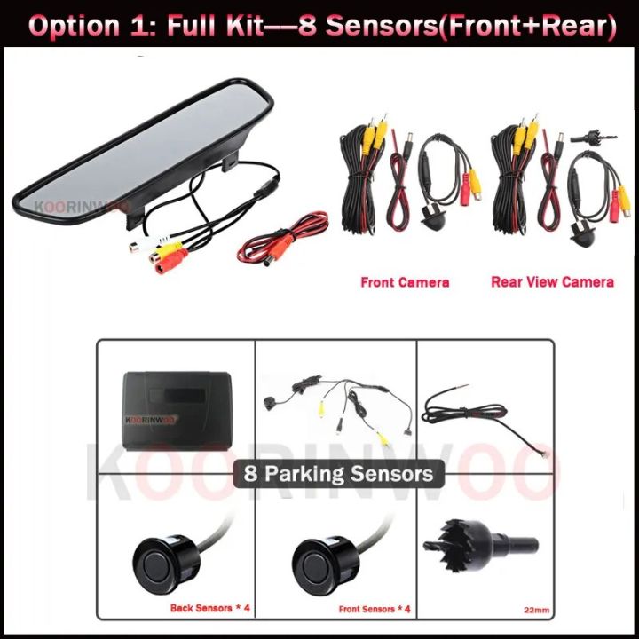 Full Kit 8 Sensors-Blue Sensors-Koorinwoo Car Parking Sensor 5 Inch Mirror Monitor rear view Camera + Front Fort Cam IR Night Vision Alarm System Car Parktronic